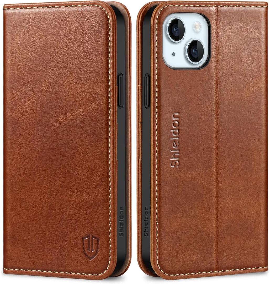 SHIELDON Case for iPhone 15 Plus 5G, Genuine Leather Wallet Magnetic Cover Kickstand RFID Blocking Credit Card Holder Shockproof Case Compatible with iPhone 15 Plus 6.7" 2023  Retro Brown