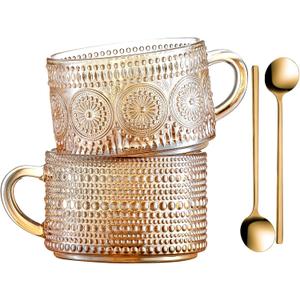 Gezzeny Vintage Coffee Mugs 14 Oz Set of 2 Amber Embossed Glass Tea Cups for Cappccino, Latte,Cereal, Yogurt, Beverage Christmas Thanksgiving Day Gifts