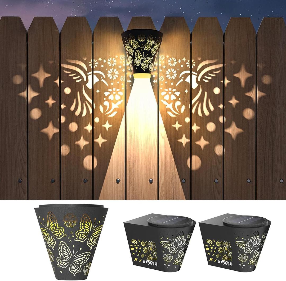 2 Pack Solar Fence Lights Outdoor Wall lihgts Decorations Metal Solar Deck Lights Waterproof LED Solar Powered Step Lights Warm White Light Decorative Lighting for Garden, Front Door, Backyard (metal)