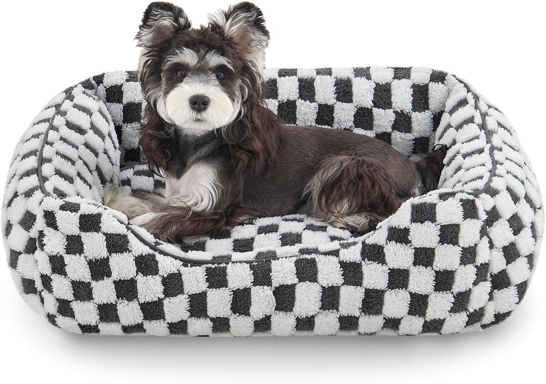 JOEJOY Dog Beds for Small Dogs -Cute Cat Beds for Indoor Cats Calming Pet Beds, Rectangle Orthopedic Cuddle Puppy Bed with Jacquard Shaggy Plush & Anti Slip Bottom, 20x19x6inches, Grey