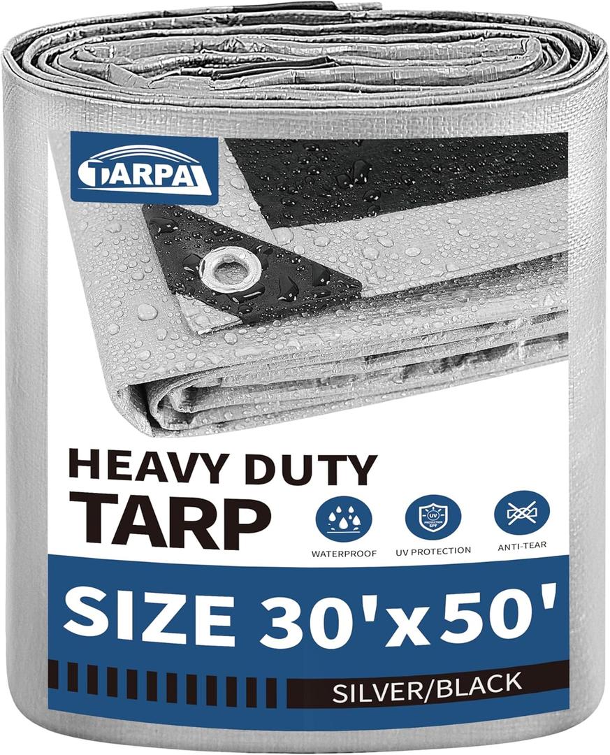 TARPAL 30x50 Feet Tarps Silver 10.5Mil Multipurpose Protective Cover Heavy Duty Tarp Waterproof,Snow or UV Protection,Durable Reinforced Edges