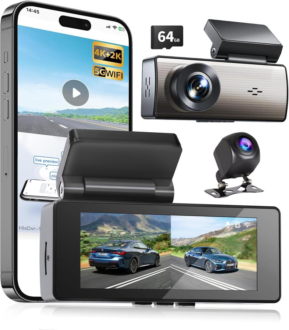 4K+2K Car Dash Cam Front and Rear, 2 Channel Dual Dash Camera 64G Card, Advanced Star-Level Night Vision,24H Parking Mode,Loop Recording,G-Sensors,3.16" Screen, 5GHz WiFi & APP Control
