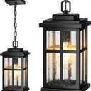 VIANIS Large Outdoor Pendant Light Fixtures, Modern Black Exterior Chandelier for Porch with Adjustable Chain, Die-cast Aluminum Waterproof Hanging Porch Light for Doorway with Tempered Seed Glass