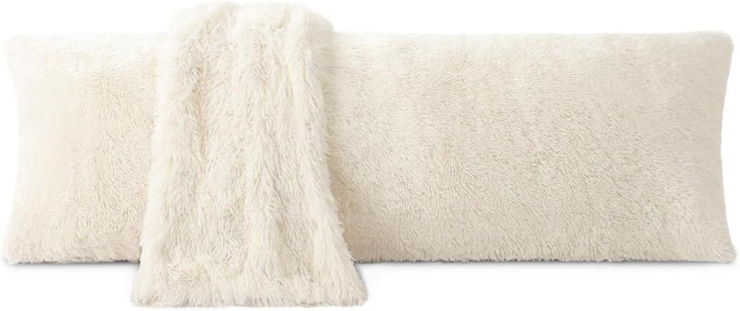ZonLi Fuzzy Body Pillow Cover, 20 x 54 Pillowcase, Faux Fur Long Pillow Cover with Zipper, Fluffy Soft Plush Decorative Cases for Bed, White