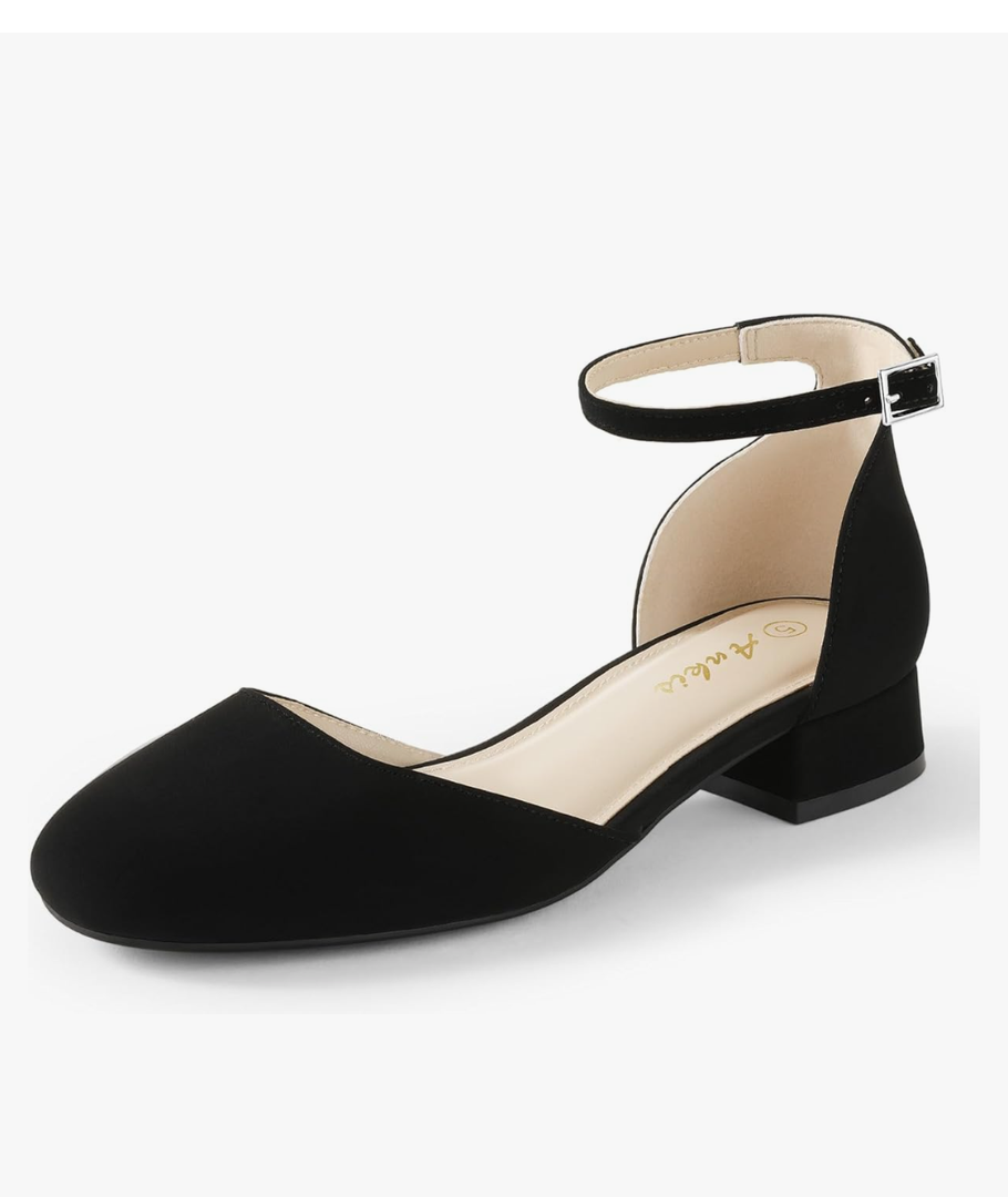 Ankis Closed Toe Heels for Women, Black Nude White Gold Silver 1 Inch Women's Flats Low Block Heel Women Dress Shoes Womens Pumps Work Shoes with Ankle Strap for Spring Fall, Size 6