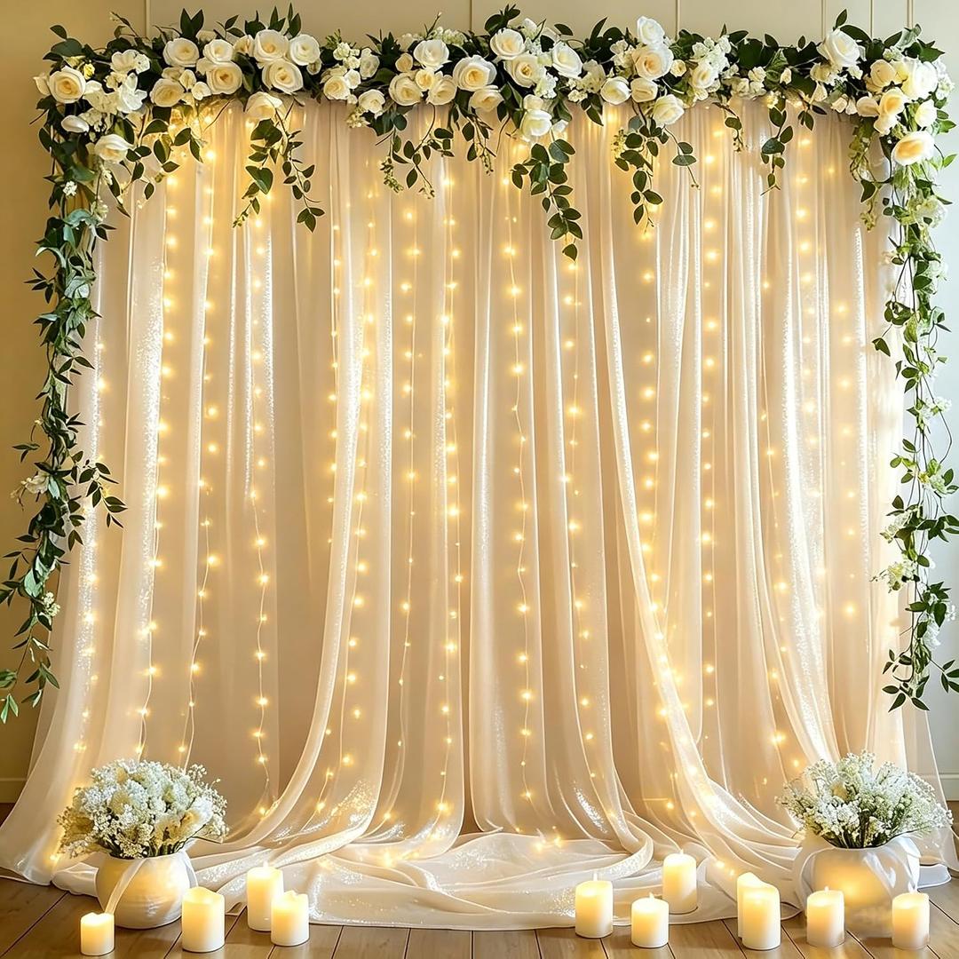 10x10ft Champagne Tulle Backdrop Curtains with Lights String for Parties,Wrinkle Free Sheer Curtain Wedding Photo Backdop Drapes for Baby Shower Birthday Party Photography Home Decorations