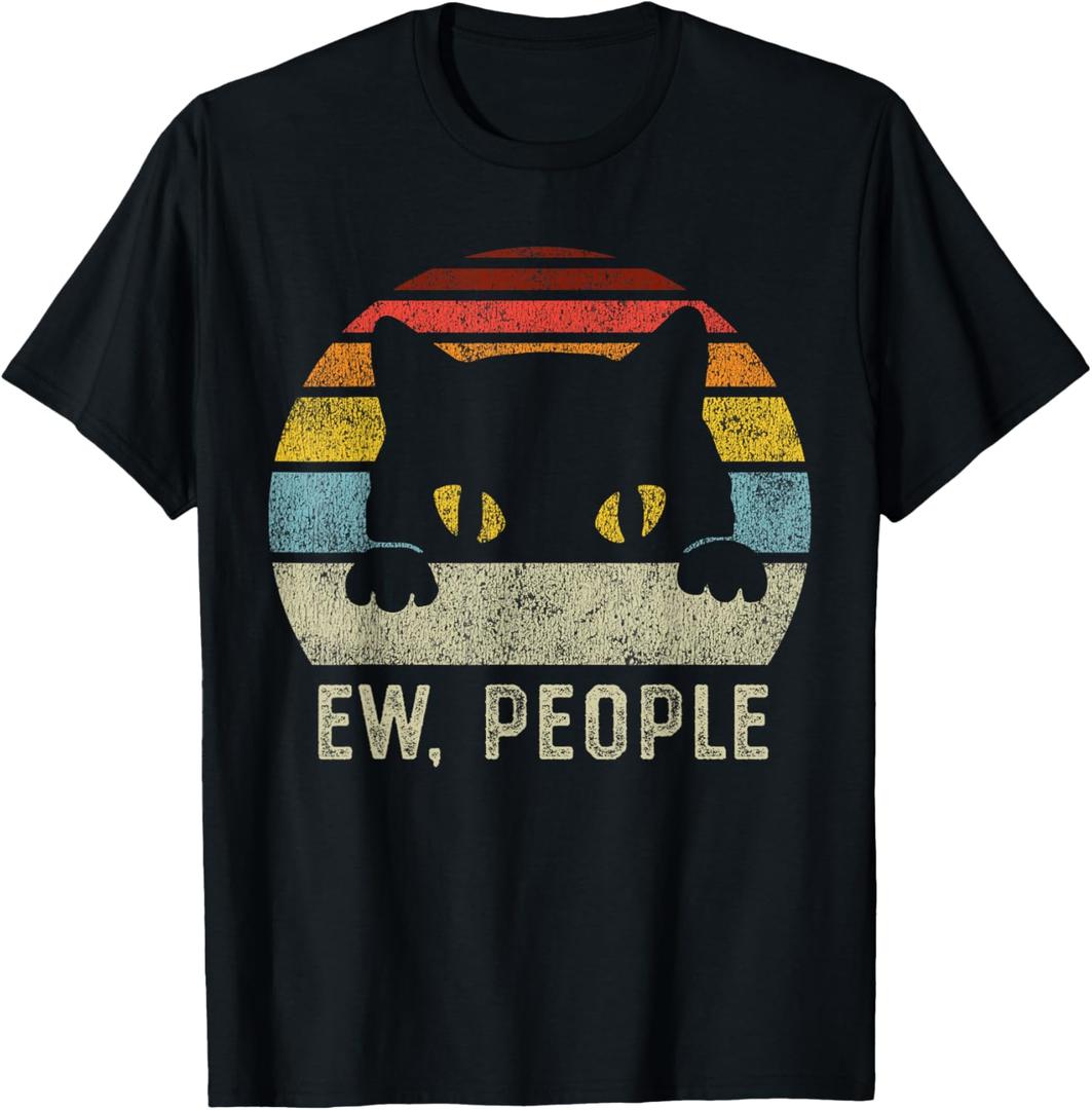 Ew People Retro Cat Funny Vintage Anti Social Introvert T-Shirt (Small, Black)