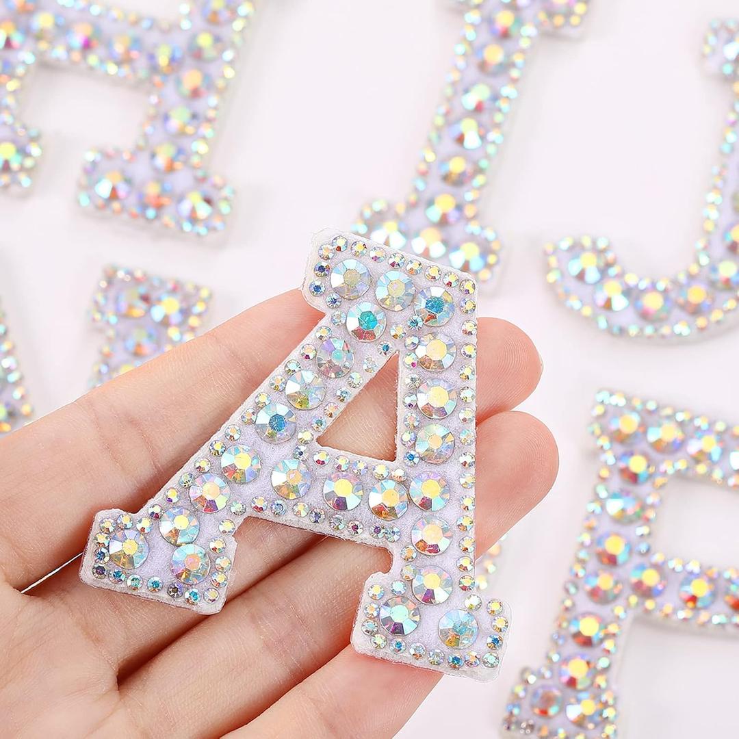 Waydress 26 Piece Rhinestone Iron On Patch A-Z Pearl Bling Rhinestone Letter Patch Glitter Alphabet Applique Rhinestone Pearl English Letter for DIY Craft Supplies(AB Colors, Flat Style)