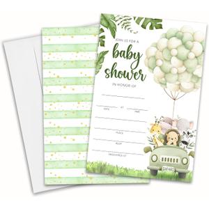 Jungle Baby Shower Invitations, 25 Jungle Animals Theme Invites With Envelopes For Baby Girl, Safari Invitations, Gender Reveal, Baby Shower Favor And Supplies-A05