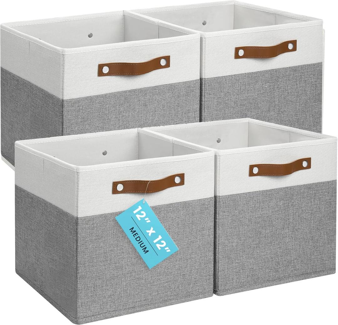 OrganiHaus 12" x 12" x 12" Fabric Cube Storage Bins - Set of 4, Cube Fabric Organizer Bins with Vegan Handles, Kallax Storage Cubes, 12Inch Cubic Baskets for Shelves - Grey / White