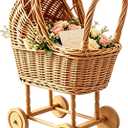 Handwoven Rattan Stroller Shaped Flower Basket on Wheels Vintage Wicker Planter for Fresh Flowers, Baby Gift, Wedding Decor, & Rustic Home Accent