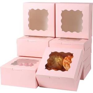 36 pcs 6x6x3 Inches Small Cake Box with Window, Bakery Pastry Cookie Boxes, Mini Pie for Pastry,Dessert,Strawberries,Chocolates, Cupcakes with paper stickers (Pink)