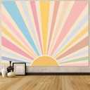 Zussun Boho Sun Tapestry Vintage 70s Sunset Sunrise Tapestries for Bedroom Aesthetic Retro Abstract Art Colorful Rainbow Classroom Tapestry Wall Hanging for Living Room Dorm (48" x 36") (Light Yellow)