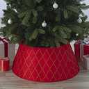 New Traditions Red Satin Christmas Tree Collar with Criss Cross Tinsel – 26" Diameter Fabric Stand Band for Artificial & Natural Trees – Tree Skirt Alternative, Collapsible