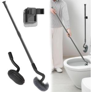 Wall Mounted Long Handle Toilet Brush Set with Holder and 2 Brush Heads Silicone and Stiff Bristle Toilet Bowl Scrubber Bathroom Brush Cleaning Tool for Home