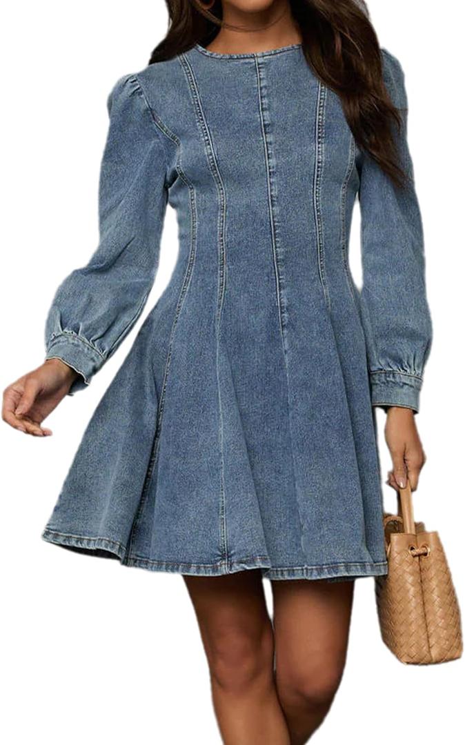 Conshvi Denim Shirt Dress for Women Long Sleeve Crewneck Denim Dresses 2025 Fall Cute A Line Mini Short Jean Dress (Blue) XL