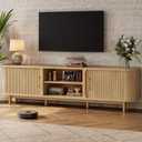 70" TV Stand for TVs Up to 75", Mid Century Modern Fluted Entertainment Center with 2 Storage Cabinets, Sliding Doors, Cable Management, Wood Television Media Console for Living Room, Oak, 70.2" L x 13.8" W x 23.2" H