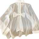 GORGLITTER Women's Plus Size Chiffon Long Sleeve Tops Blouse Dressy Casual Bow Collared Shirt Sheer Button Up Fall Top (White)