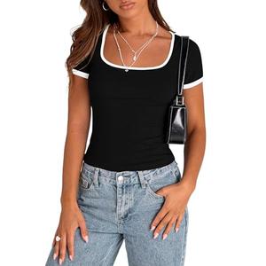 PRETTYGARDEN Women's Summer Short Sleeve T Shirts Ribbed Knit Square Neck Color Block Slim Fit Basic Casual Crop Tops Blouses (Black,M)