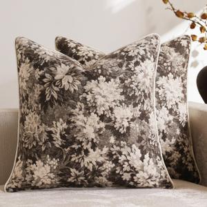 DEZENE Pack of 2 Vintage Floral Throw Pillow Covers 22x22 Boho Farmhouse Accents Chenille Square Decorative Pillow Cases for Living Room Couch Bed Home Decor, Grey