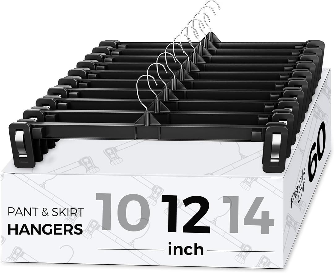 Smartor Space Saving Skirt Hangers - 60 Pack, Slim Plastic Pants and Shorts Hangers, Ridged Non-Slip with Pinch Clips, Black Clip Hangers for Women, 360-Rotating Chrome Swivel Hook, 12 Inches