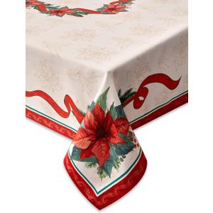 YiHomer Poinsettia Ribbon Engineered Printed Fabric Christmas Tabletop for Xmas Winter Holiday, Christmas Time, Tablecloth, 52 x 52 Square
