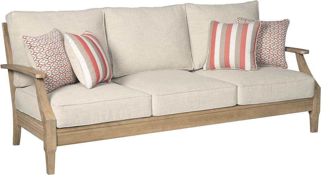 Signature Design by Ashley Clare View Coastal Outdoor Patio Eucalyptus Sofa with Cushions, Beige (Brown)