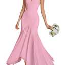 HTZMO Women Formal Sexy V Neck Halter Tie Maxi Dress Bodycon Flowy Wedding Guest Cocktail Elegant Long Dresses Pink M (M)