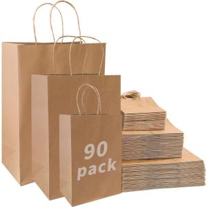 FACEBAG 90-Pack Brown Kraft Paper Bags with Handles Bulk, Assorted Sizes Gift BagsGroceryRetailPartyBirthdayShoppingBusinessGoodyCraftMerchandise Take Out Sacks