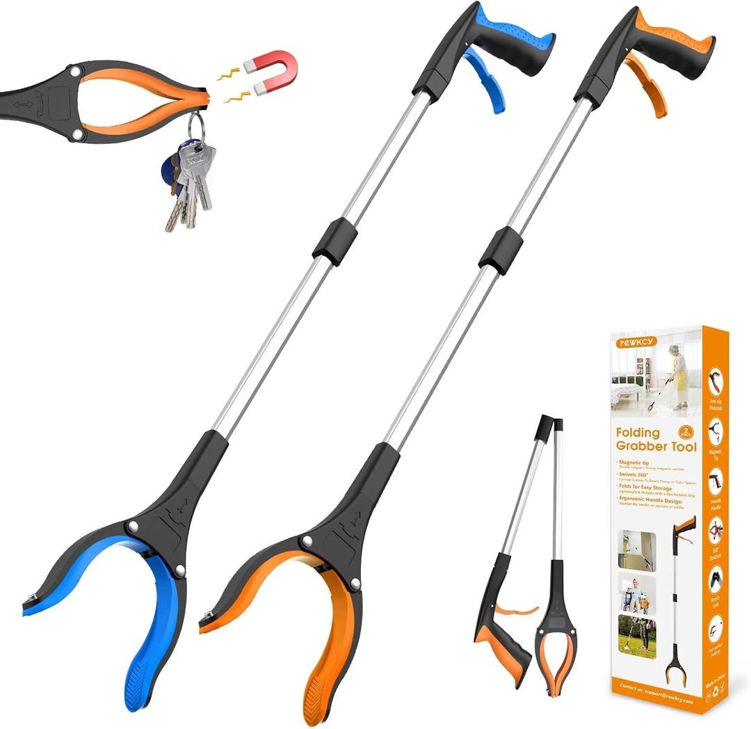 32" Grabber Reacher Tool, 2-Pack Foldable Reacher Grabber Pickup Tool with 360 Rotating Jaw & Magnet, Trash Picker Upper Grabber, Lightweight Grabbers for Seniors Heavy Duty