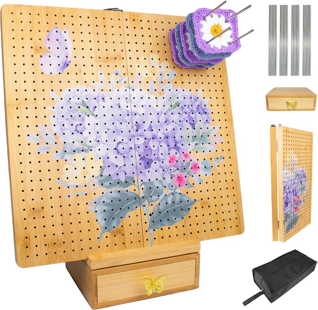 Crochet Cast Foldable Bamboo Crochet Blocking Board15 | 40 Stainless Steel Rods, Hydrangea Art, CarryBag & Drawer, AntiSlip Dots | GrannySquare & Knitting Projects 0.8" Thick Adjustable Mat
