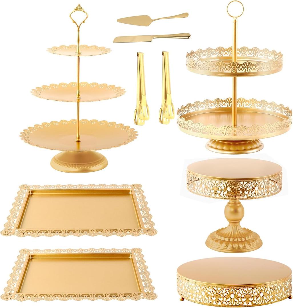 GMWD Gold Cake Stands Set Metal Dessert Display Table Cake Pedestal Tiered Cupcake Holder Donut Plate Serving Tray Decorating for Wedding Birthday Party Baby Shower Celebration (classic)