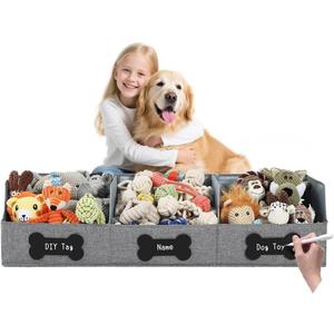 Qozary Large Dog Toy Basket with Diy Tag - Collapsible Dog Toy Bin, Fabric Personalized Pet Toy Box, Trapezoid Storage and Organizer for Pet Supplies (Large 35.4"x11.8", Gray)