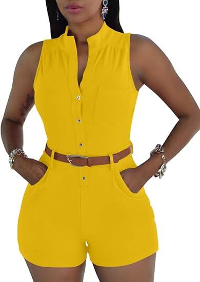 XXTAXN Women's Sexy V Neck Rompers One Piece Short Jumpsuit with Belt And Pockets (Yellow) L