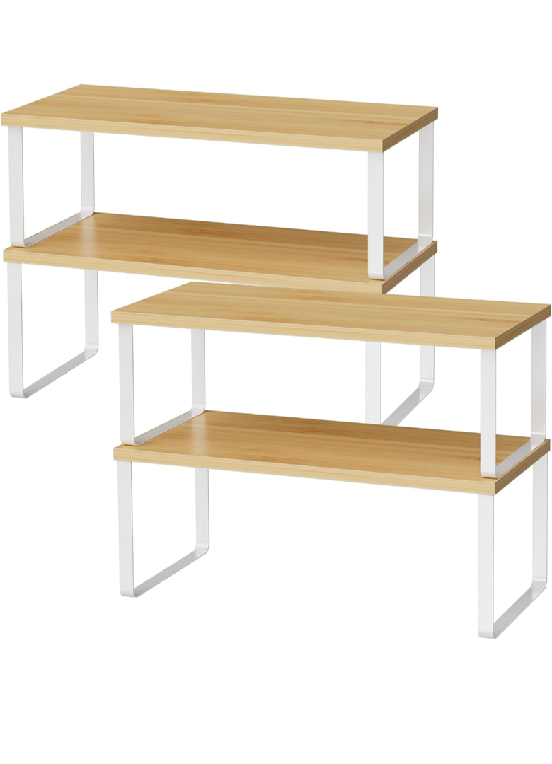 Organizes, 12.7 inches Large Kitchen Counter Shelf, Set of 4 Wood Kitchen Pantry Organizer, Storage Shelves for Countertop, Spice Rack, Stackable, Expandable, Metal White, Nature