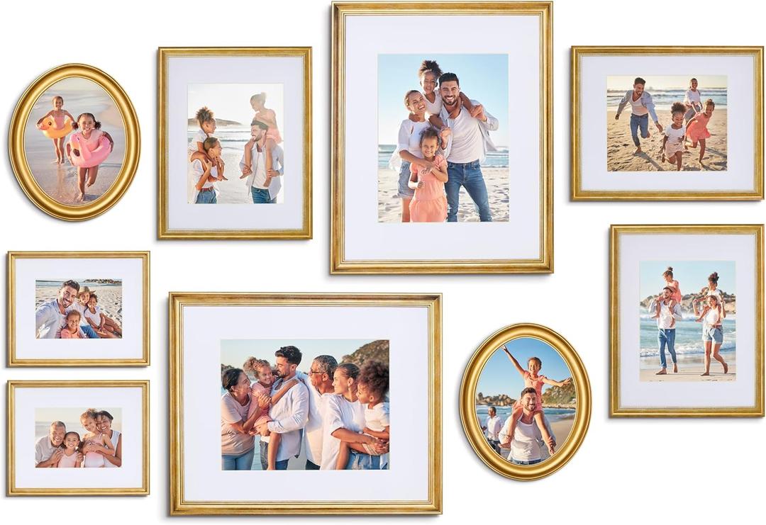 Camden Reed Mixed Gallery Wall Frame Set, (2) 16x20 Inch, (1) 11x14 Inch, and (2) 8x10 Inch, 9 Piece, Brass