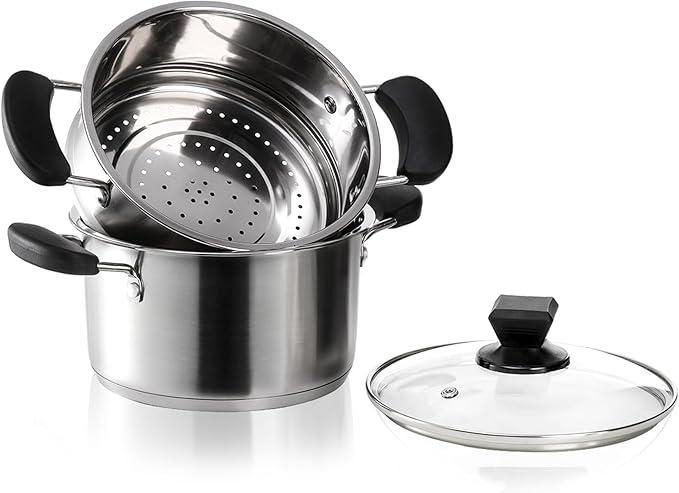 ZENFUN 1.8 Quart Stainless Steel Steamer Pot with Basket, Stock Pot with Glass Lid, Mini Steaming Pot Cookware with Handle, Metal Cooking Steamer for Vegetable, Stews, Pasta, Sauce, Individual-use