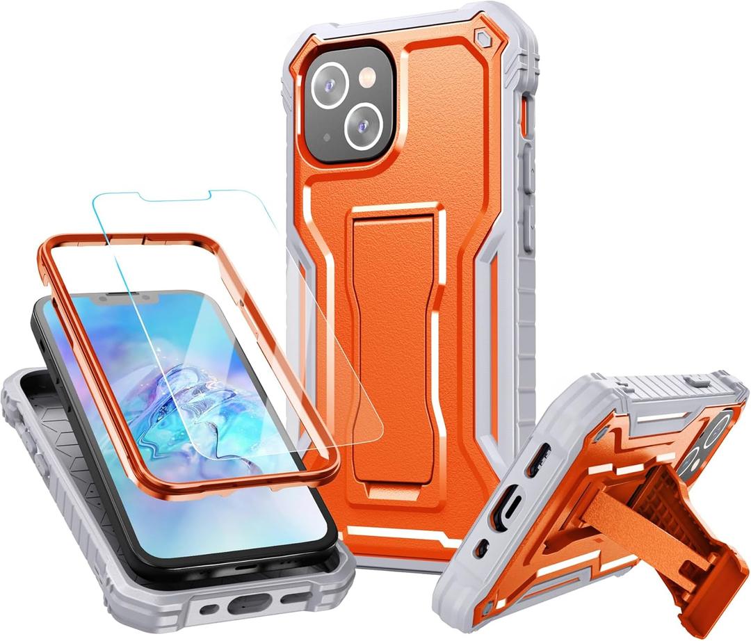 FITO for iPhone 13 Mini Case 5.4 Inch, Dual Layer Shockproof Heavy Duty Case with Screen Protector, Built in Kickstand (Orange)