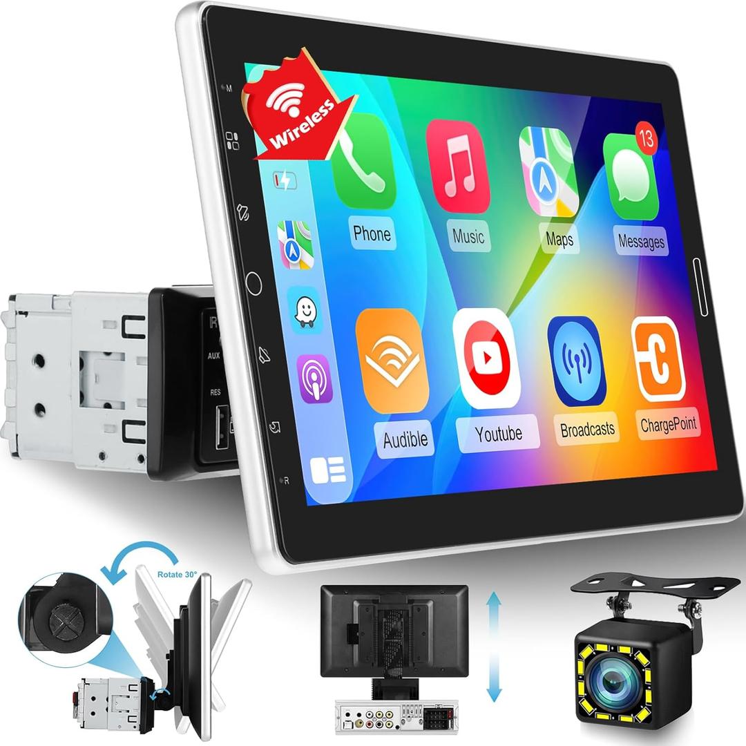 10.1 inch Single Din Touchscreen Radio 10 inch Car Stereo with Wireless Carplay Support AM FM Radio/YouTube Video/Bluetooth/Car Play/Android Auto + Backup Camera + Mic