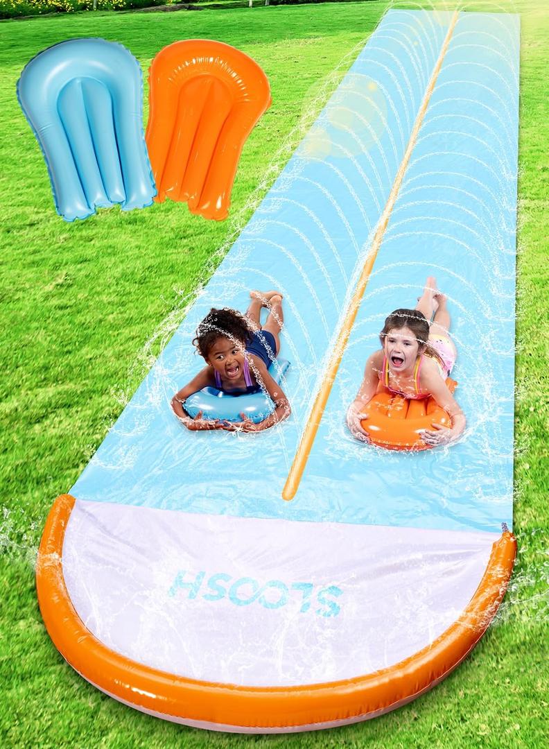 Sloosh 32.5ft Water Slide with 2 Inflatable Boards,Extra Long Double Lane Lawn Water Slip Slides with Sprinkler for Kids Adults Backyard Summer Outdoor Toy