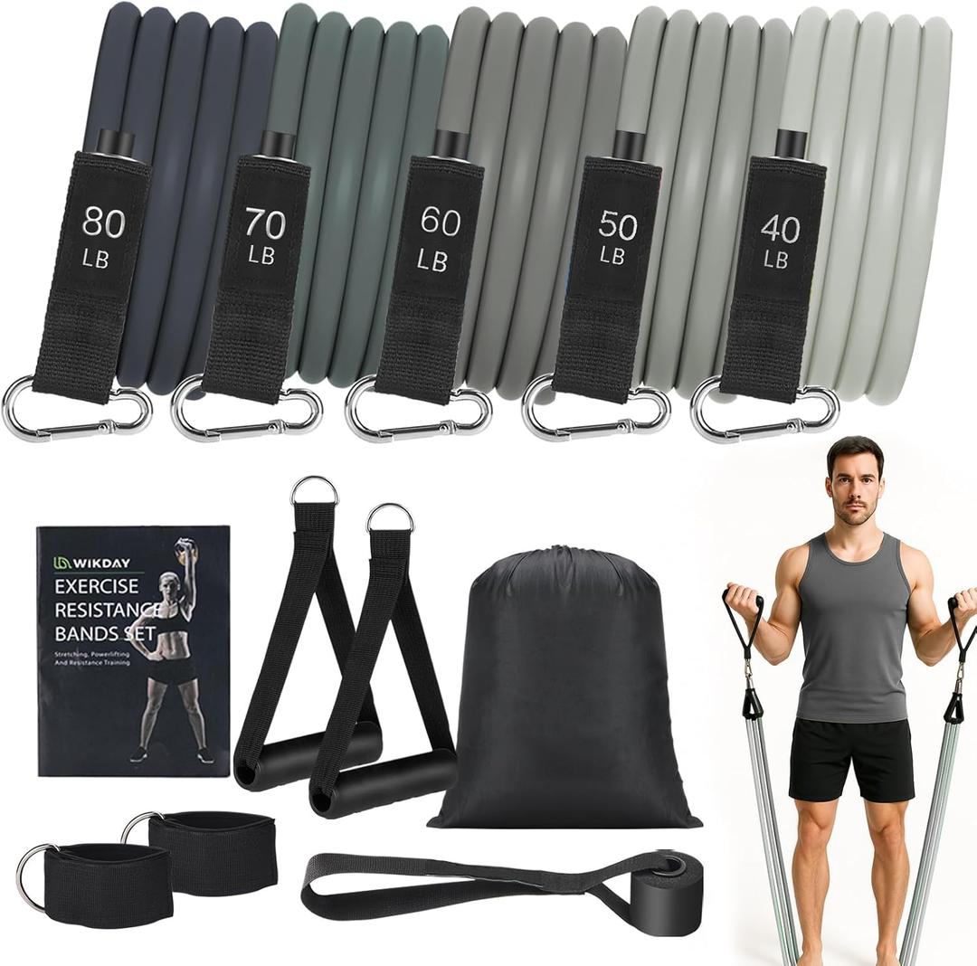 WIKDAY Exercise Resistance Bands with Handles for Working Out Workout Bands Set with Door Anchor for Physical Therapy, Yoga, Pilates (Extra Heavy (40-300lb), Gray)