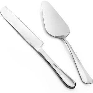 2-Piece Premium Cake Cutting Set, Exquisite Knife and Server with Serrated Design, Includes Cake Knife and Pie Spatula for Pastry, Pizza and Desserts (Silver) (10.63-Inch)