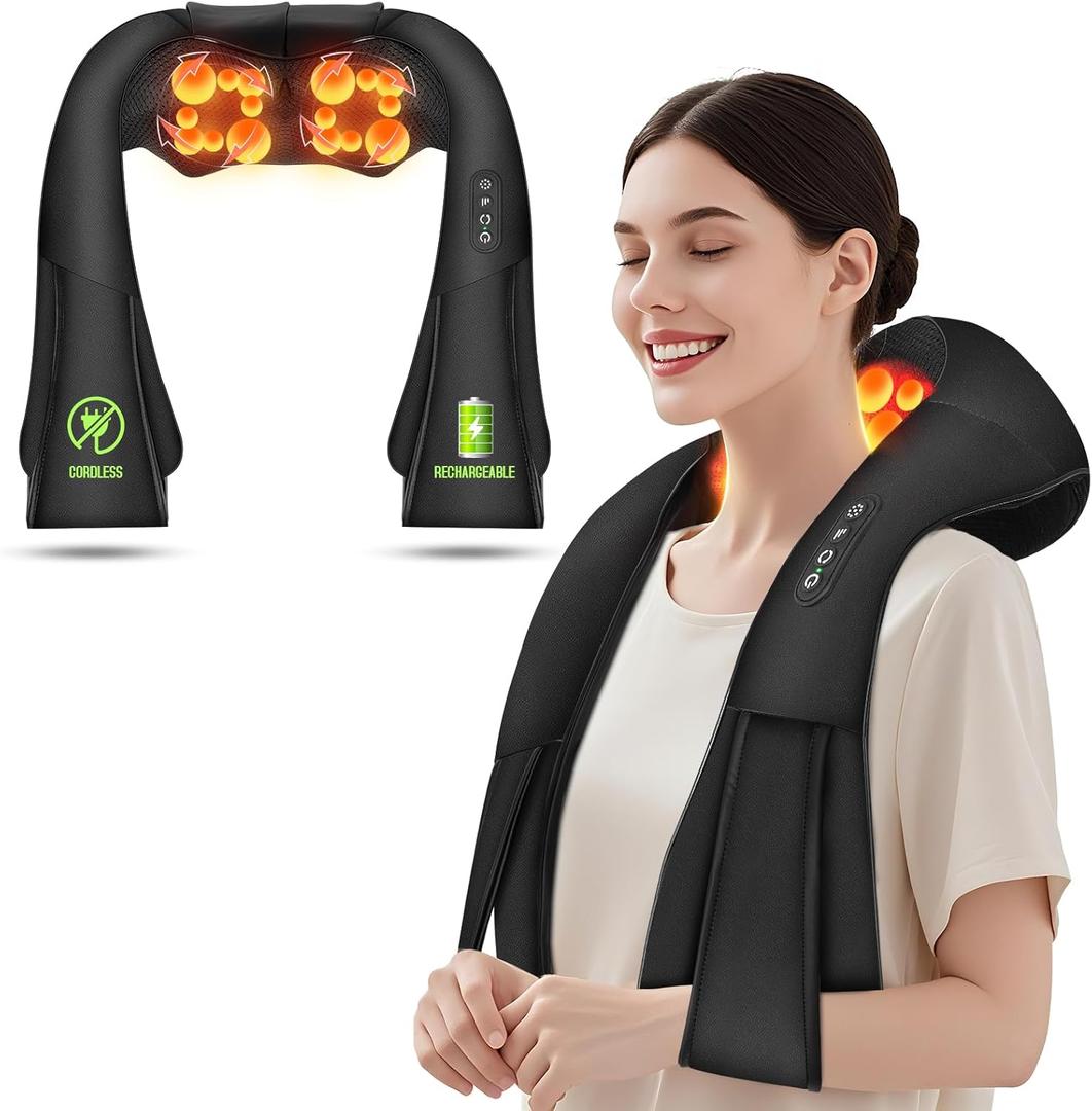 Cordless Shiatsu Neck and Shoulder Massager, Back Massager with Heat, Massage Deeper Tissue 4D Kneading Massage for Shoulder, Neck and Back, Use at Home, Office, Car - Gifts for Fathers Day Dad Gift