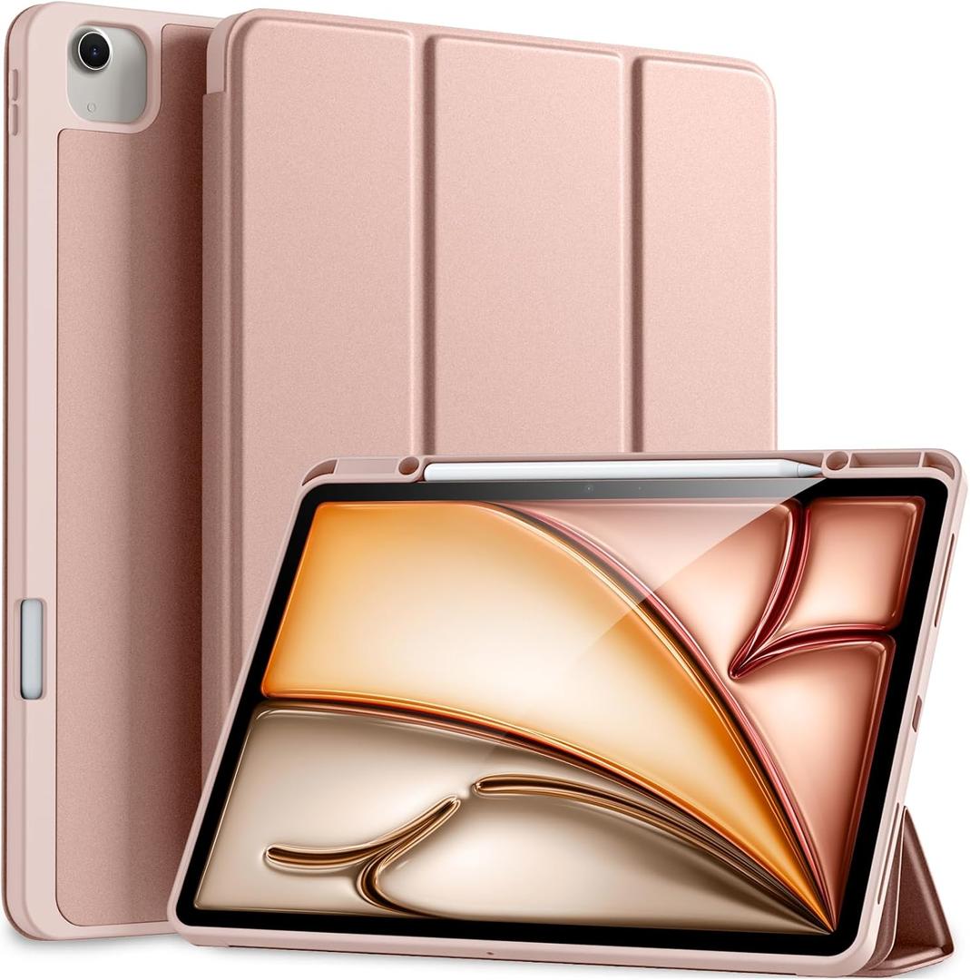 Akkerds Compatible for iPad Air 13 Inch Case (M4/M3/M2) 2026/2025/2024 with Pencil Holder, Trifold Stand Protective Cover/Soft TPU Back for iPad Air 13 Case,Supports Touch ID,Auto Wake/Sleep,Rose Pink