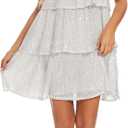 Women's Glitter Sequin Dress Adjustable Spaghetti Strap V Neck Fashion Sparkle Layered Evening Party Dress (White, L)