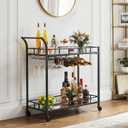 VASAGLE Bar Cart Black, Home Bar Serving Cart, Wine Cart with 2 Mirrored Shelves, Wine Holders, Glass Holders, for Kitchen, Dining Room, Black ULRC090B62