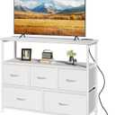 DUMOS TV Stand, Dresser with 5 Fabric Storage Drawers, Media Console Featuring Open Shelf, Fabric Storage Cabinet with Charging Station, Compact Entertainment Unit for Bedroom, Living Room, White