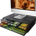 Computer Monitor Stands with Drawers, Metal Mesh Desktop Monitor Riser, Desk Storage Organizer with Drawers for PC, Laptop, Printer (Black)