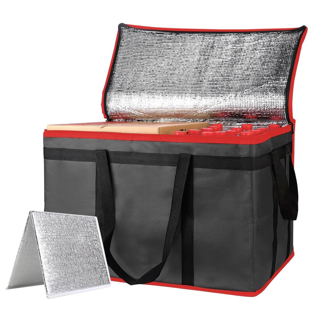 mosago Insulated Food Delivery Bag - Reusable Thermal Cooler Grocery Bags for Catering & Delivery, Pizza Carrier for Events, Large Capacity Bag Keeps Food Hot/Cold (Black with Red Trim, with Base)