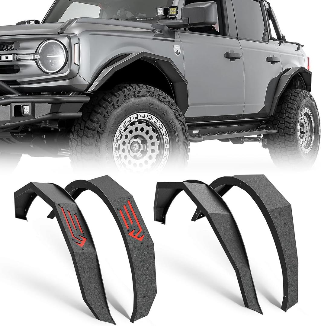 YZONA Front & Rear Steel Fender Flares Kit Compatible with 2021 2022 2023 2024 2025 Ford Bronco 2/4 Doors, Off-Road Heavy Duty Wheel Fenders Textured Black Finish (NOT for Bronco Sport or Raptor)